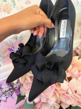 Sacha Too Black Pointed-Toe Floral Satin Pump